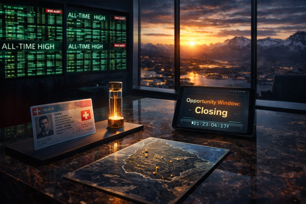 Bureau minimaliste avec vue sur les Alpes.