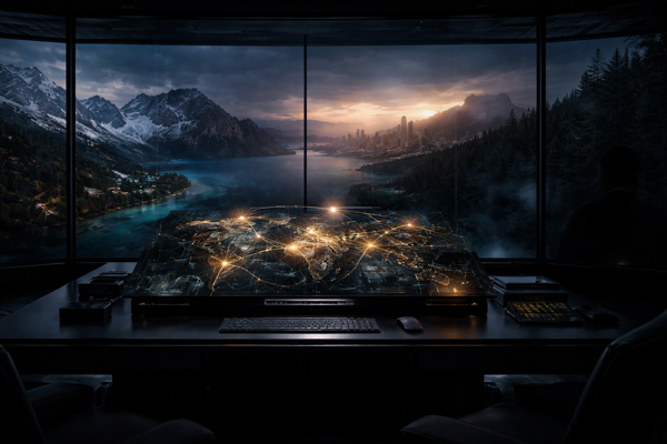 Salle de commandement de luxe à crépuscule.